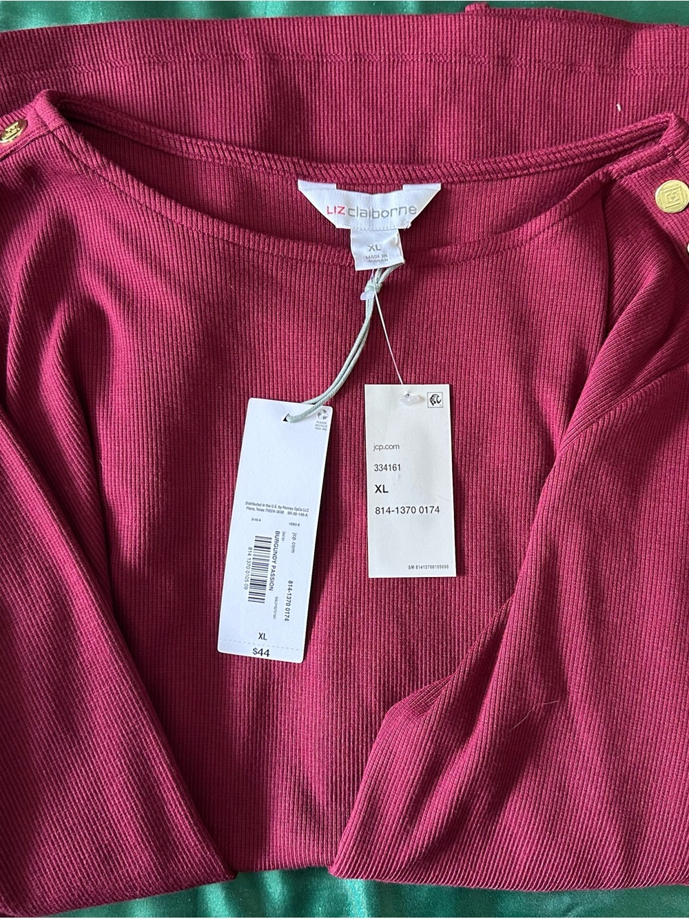 Liz Claiborne Burgundy Long Sleeve Top with Gold Shoulder Buttons
